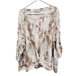 Sportelle Womens Tie Dye Twist Front Tunic Top‎ Size 3X Ivory Beige 3/4 Sleeve